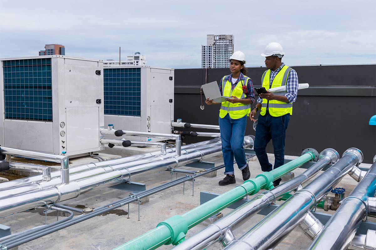 Hvac Technicians Inspecting Commercial Ac For New 2025 Refrigerants